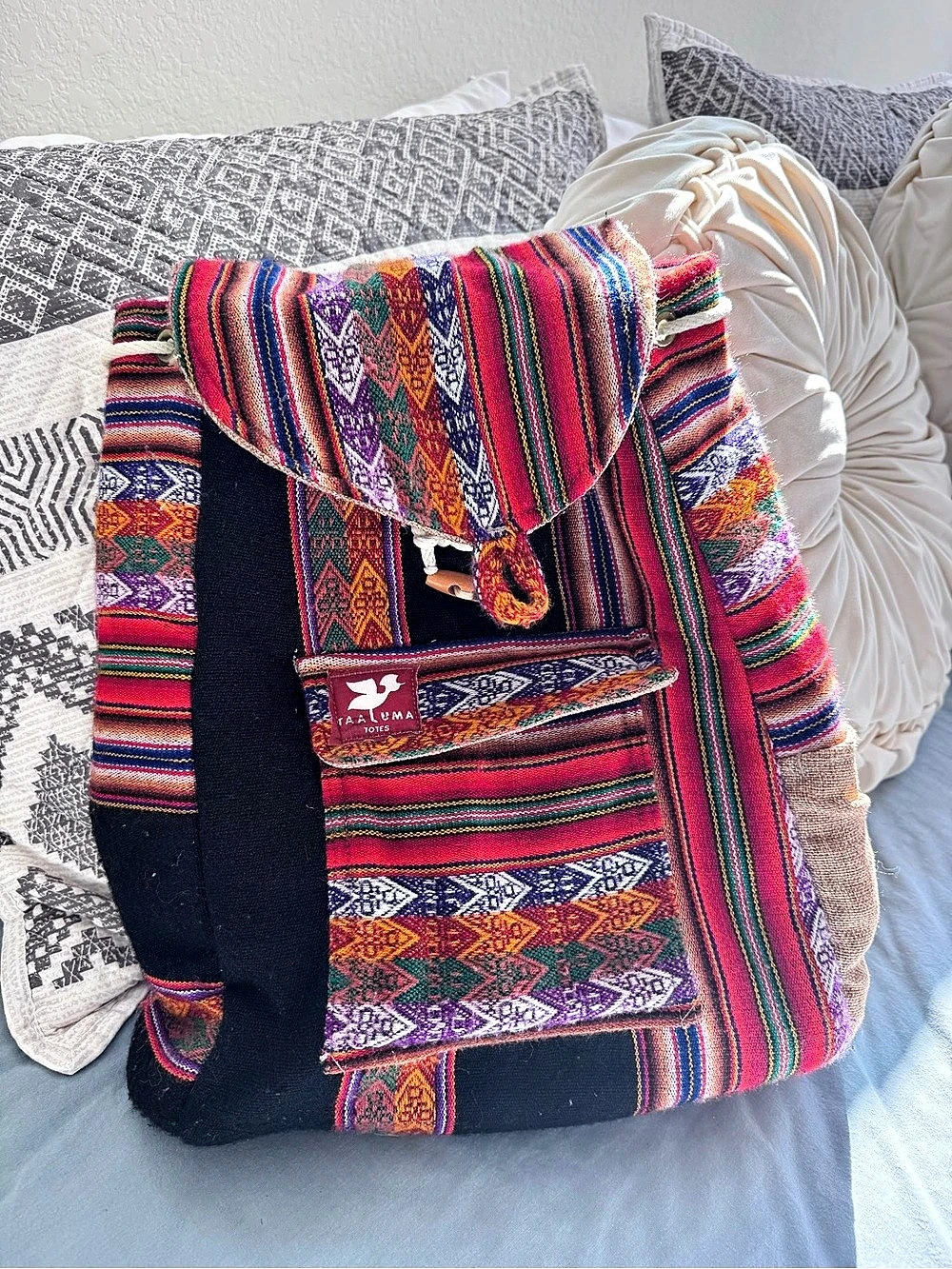 Taaluma Totes Backpack Boho Peruvian Woven Fabric Multicolor Canvas Travel Bag